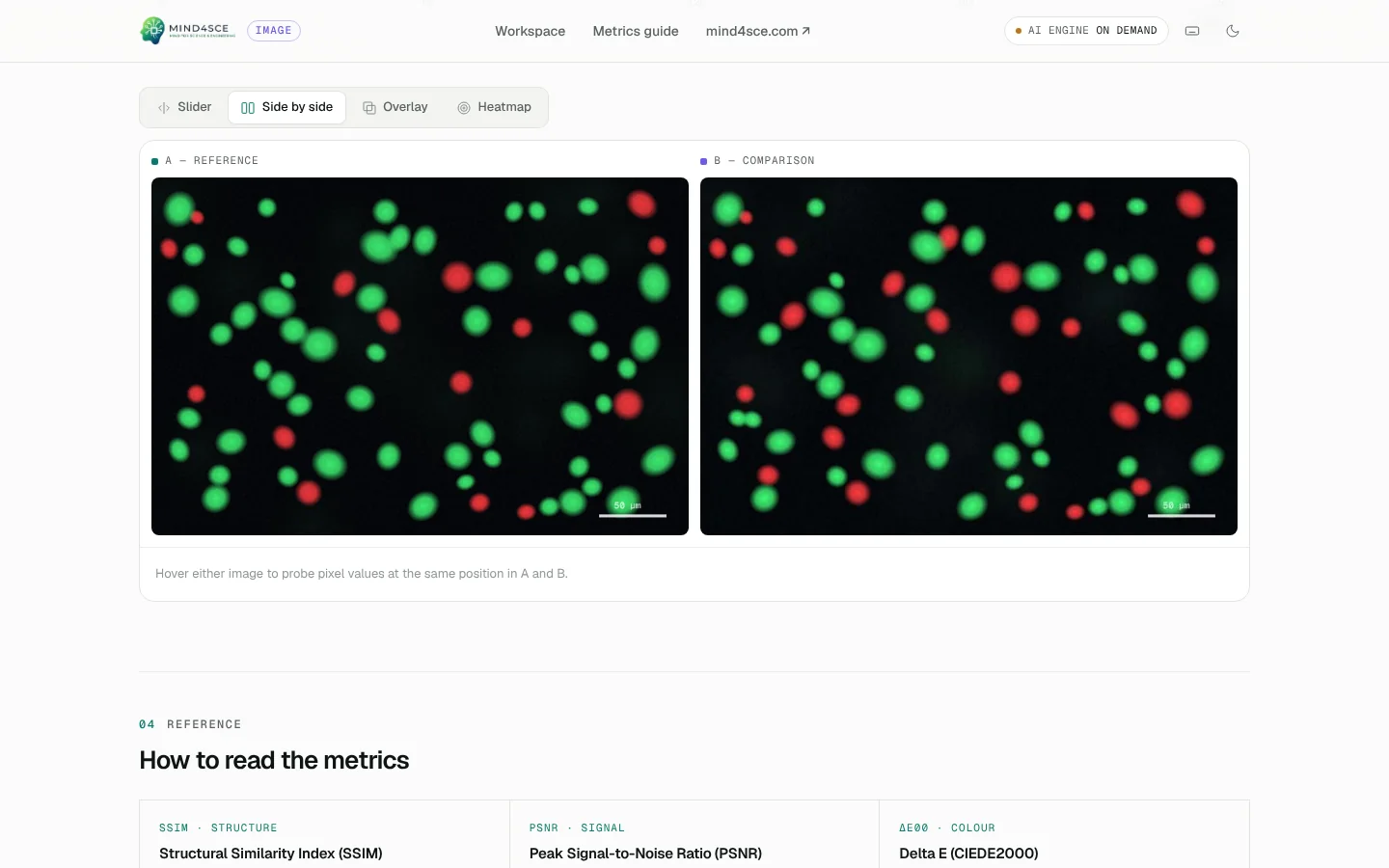 Side by side — Synchronised views with a pixel probe on both images.