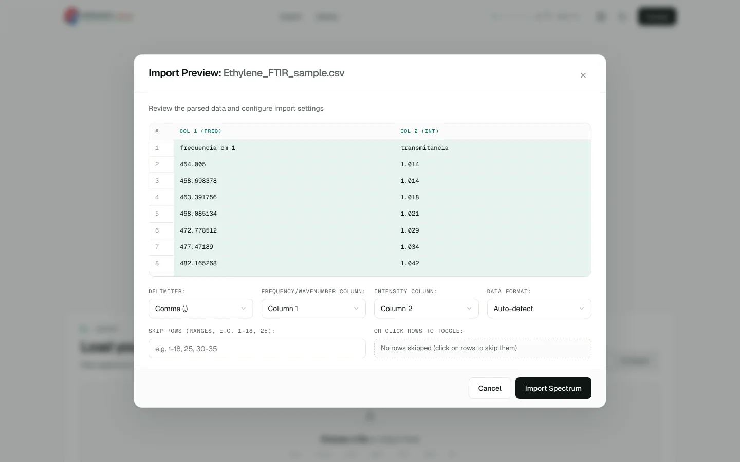 Import preview — Review parsed columns, delimiter and format before loading.