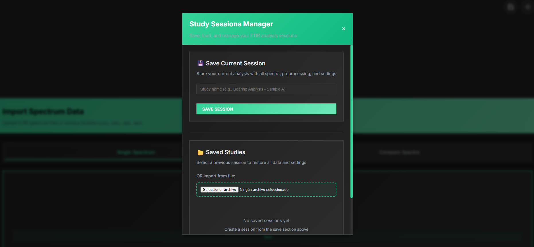 Local storage — Save and manage your imported spectra locally.