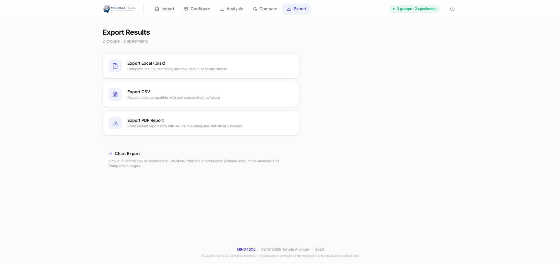 Export — Download results as Excel, CSV, PDF, or SVG/PNG graphics.