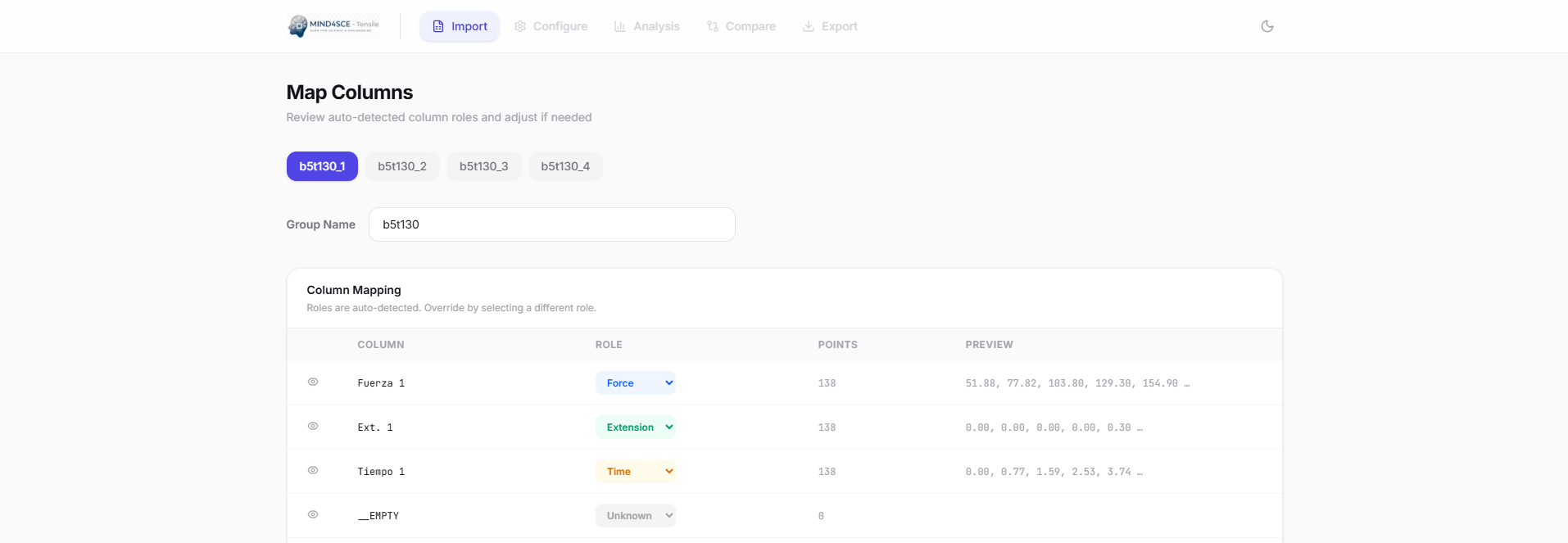 Import module — Automatic column detection with manual adjustment.